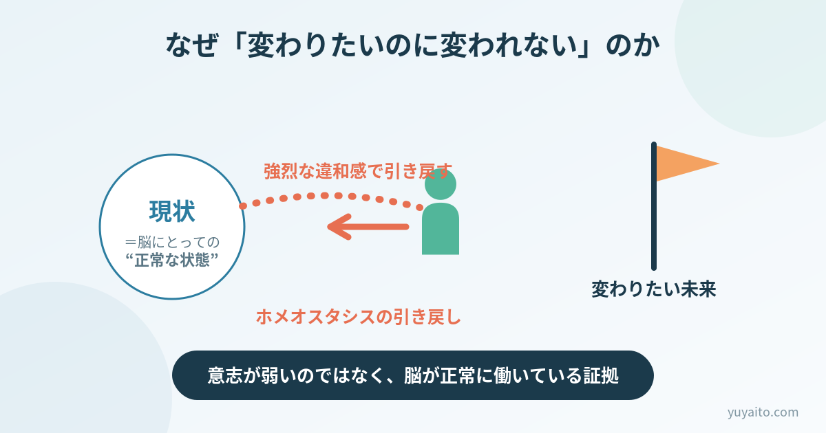 変わりたいのに変われない理由|ホメオスタシスが現状に引き戻す仕組みの図解